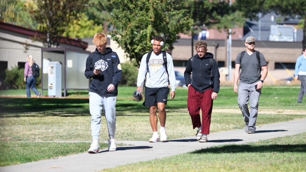 Students walking on campus during summer